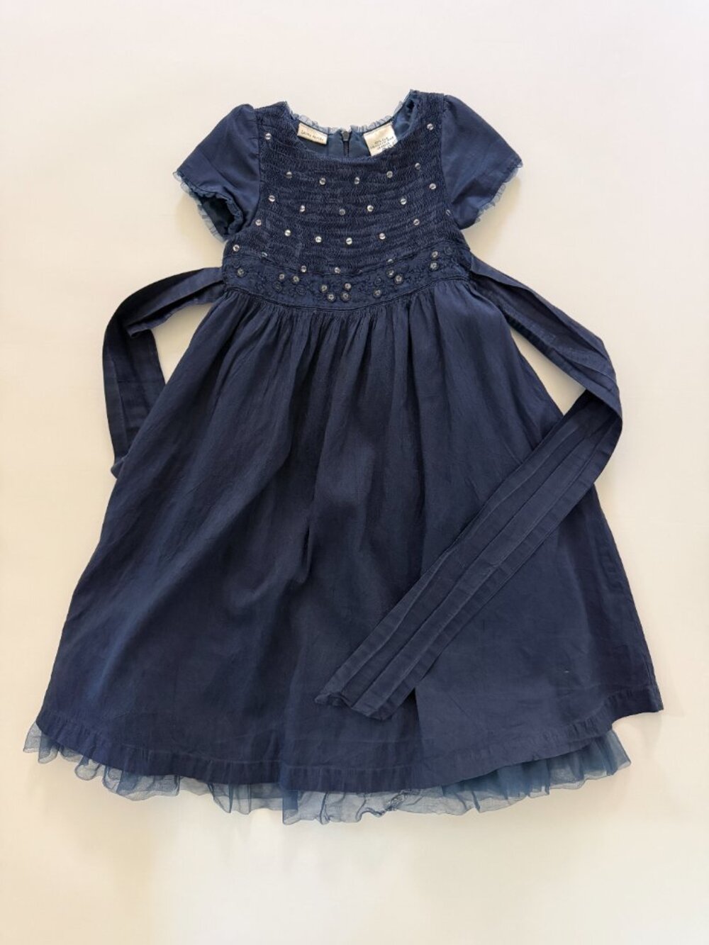 Laura Ashley Navy 100% Silk Smocked Sequins Girls Dress Size 6